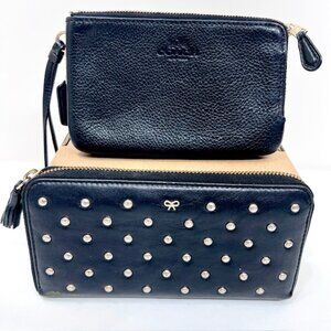 2 Vintage Wallets black leather full zip COACH  & Ana Hindmarch with Studs (70)